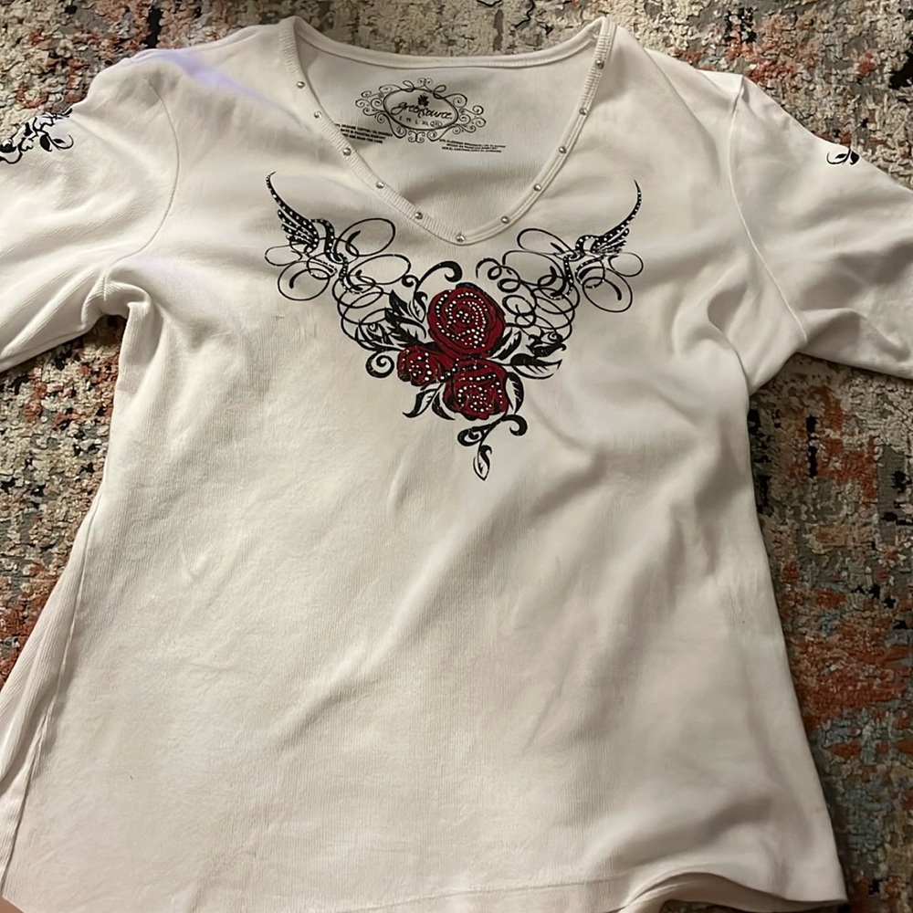 greensource white 2XL shirt with rose print